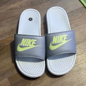 Nike Grey Slides with Neon Yellow Logo